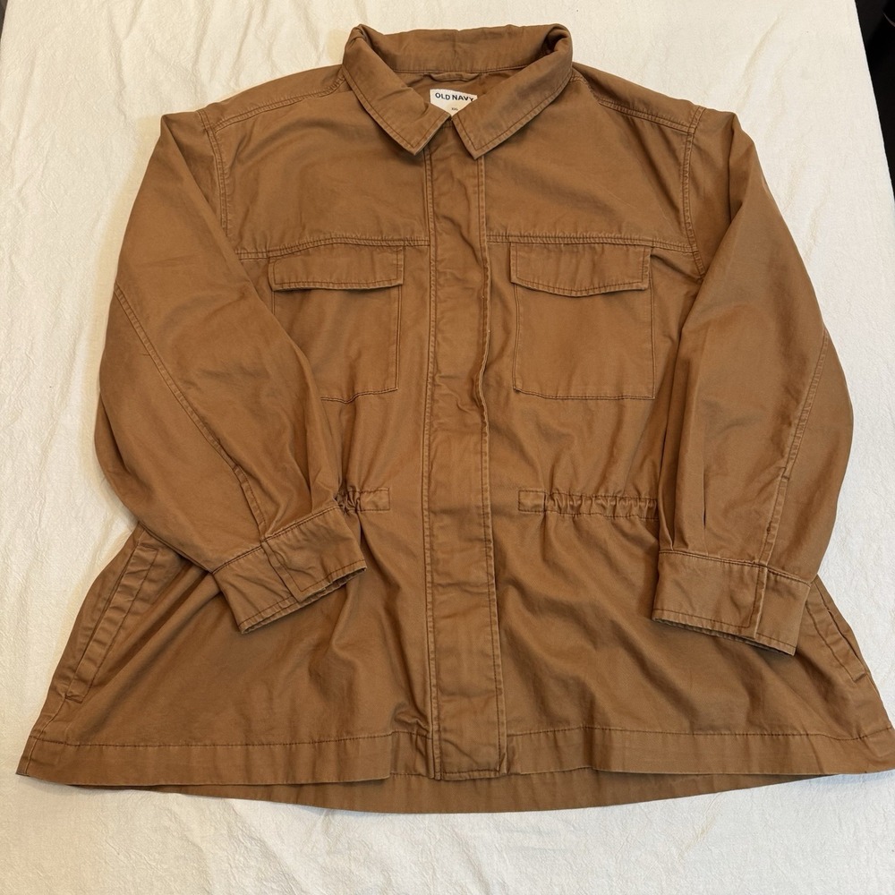 Old Navy Utility Jacket Womens XXL Brown Cotton Field Cargo Shacket Drawstring